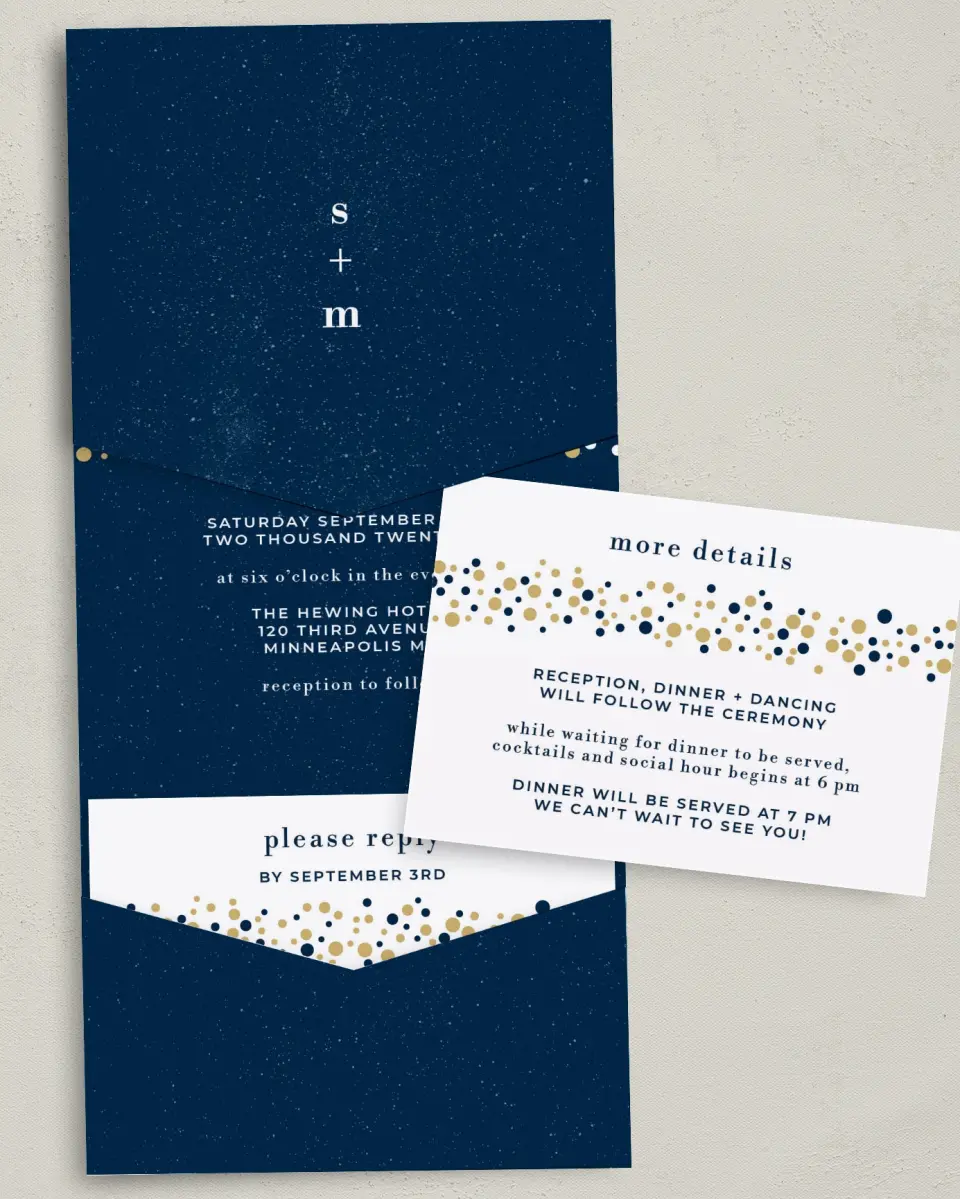 This is a 5¼" x 7¼" Folded Pocket Wedding Invitation called Modern Countdown printed in full color with Gold foil on Luxe Satin (coated) paper