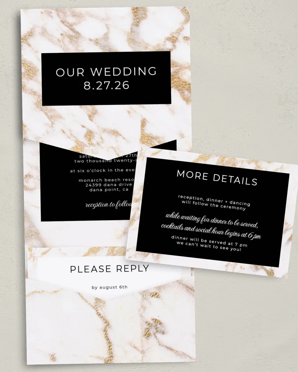 This is a 5¼" x 7¼" Folded Pocket Wedding Invitation called Classic Count printed in full color with Gold foil on Luxe Satin (coated) paper