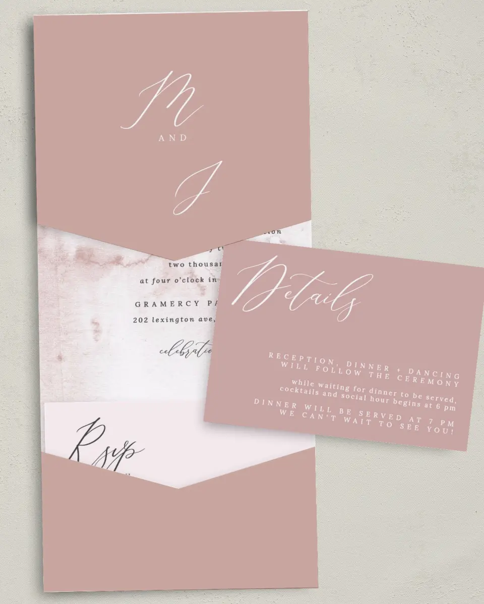 This is a 5¼" x 7¼" Folded Pocket Wedding Invitation called Gentle Touch printed in full color with Gold foil on Luxe Satin (coated) paper