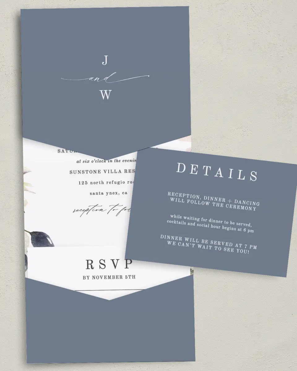 This is a 5¼" x 7¼" Folded Pocket Wedding Invitation called Natural Floral printed in full color with Gold foil on Luxe Satin (coated) paper