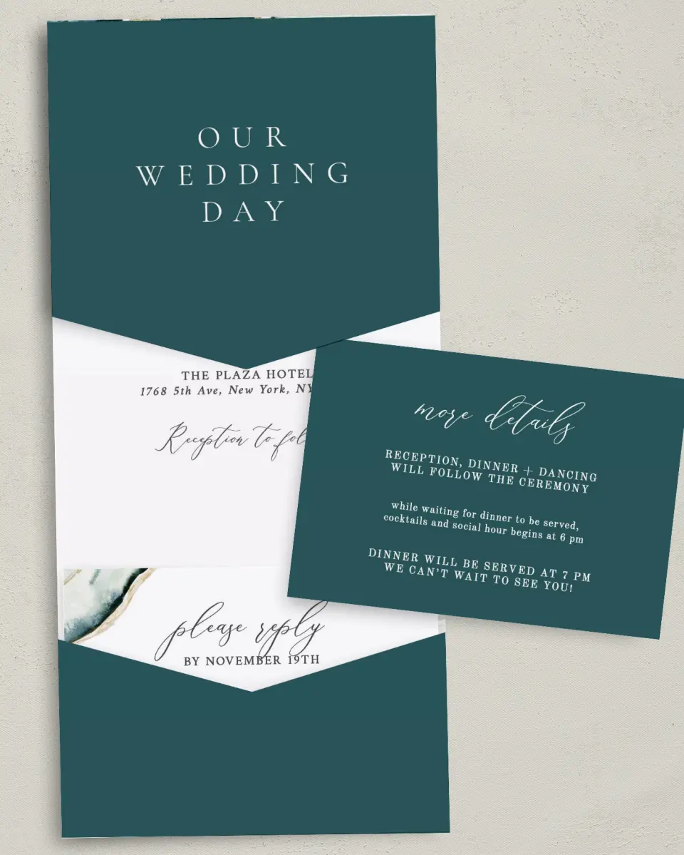 This is a 5¼" x 7¼" Folded Pocket Wedding Invitation called Rich Structure printed in full color with Gold foil on Luxe Satin (coated) paper