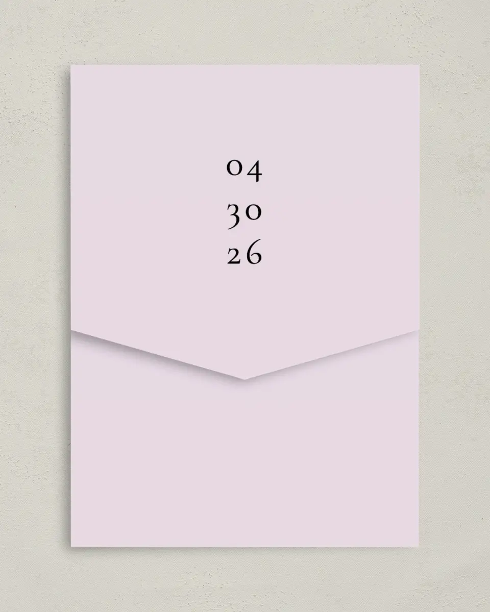 This is a 5¼" x 7¼" Folded Pocket Wedding Invitation called Modest Moment printed in full color on Premium Smooth paper