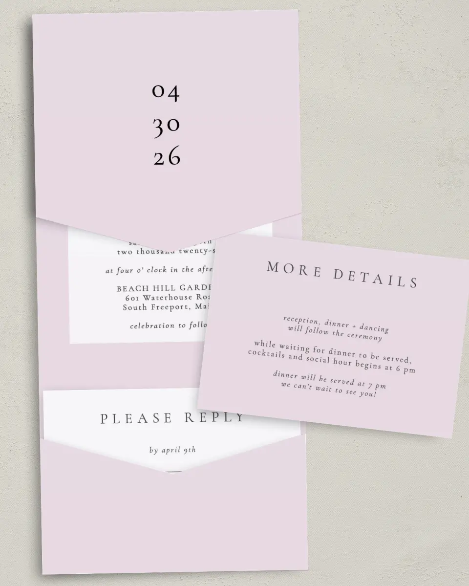 This is a 5¼" x 7¼" Folded Pocket Wedding Invitation called Modest Moment printed in full color on Premium Smooth paper