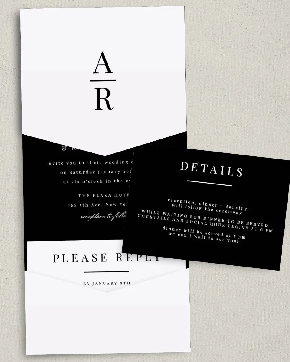 This is a 5¼" x 7¼" Folded Pocket Wedding Invitation called Pure Devotion printed in full color with Gold foil on Luxe Satin (coated) paper
