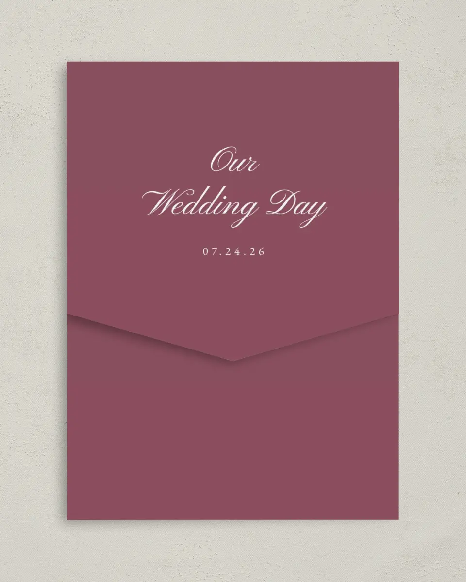 This is a 5¼" x 7¼" Folded Pocket Wedding Invitation called Quietly Quaint printed in full color on Premium Smooth paper