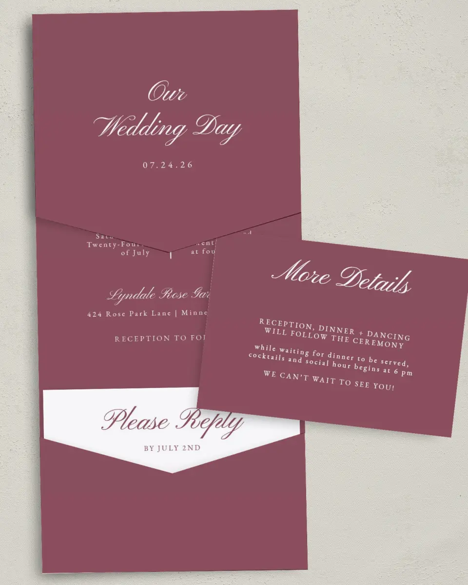 This is a 5¼" x 7¼" Folded Pocket Wedding Invitation called Quietly Quaint printed in full color with Gold foil on Luxe Satin (coated) paper
