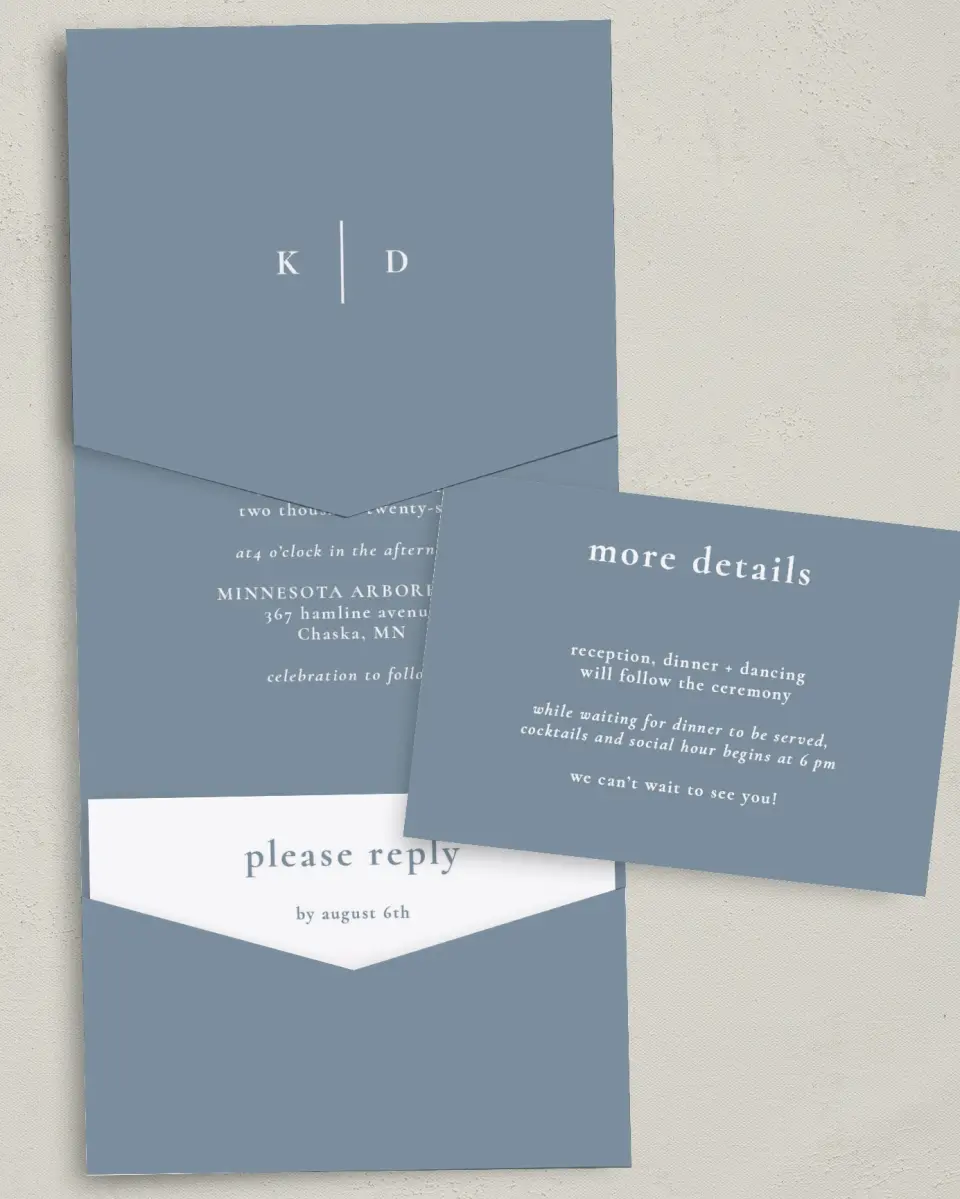 This is a 5¼" x 7¼" Folded Pocket Wedding Invitation called Fine Floret printed in full color with Gold foil on Luxe Satin (coated) paper