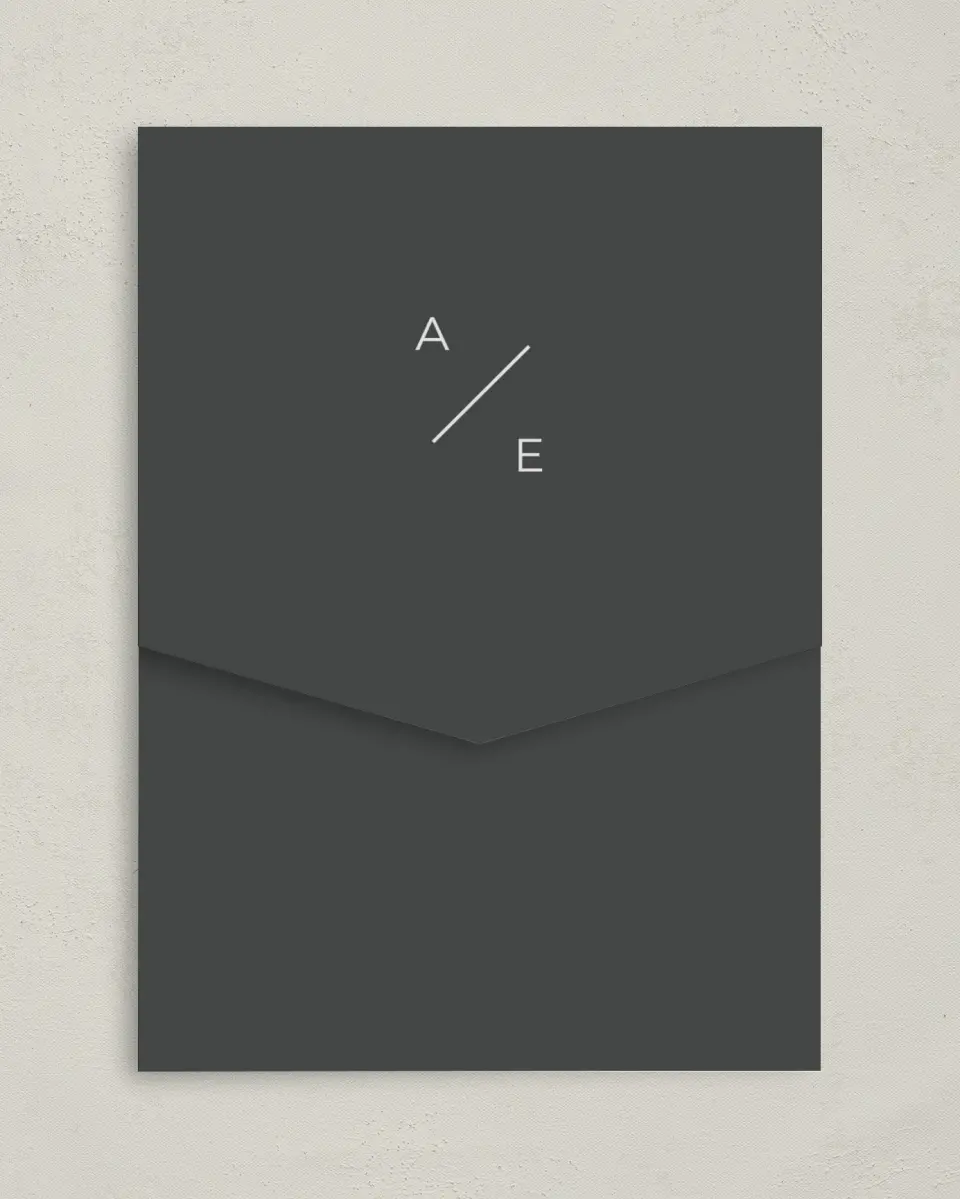 This is a 5¼" x 7¼" Folded Pocket Wedding Invitation called Initial Hush printed in full color on Premium Smooth paper
