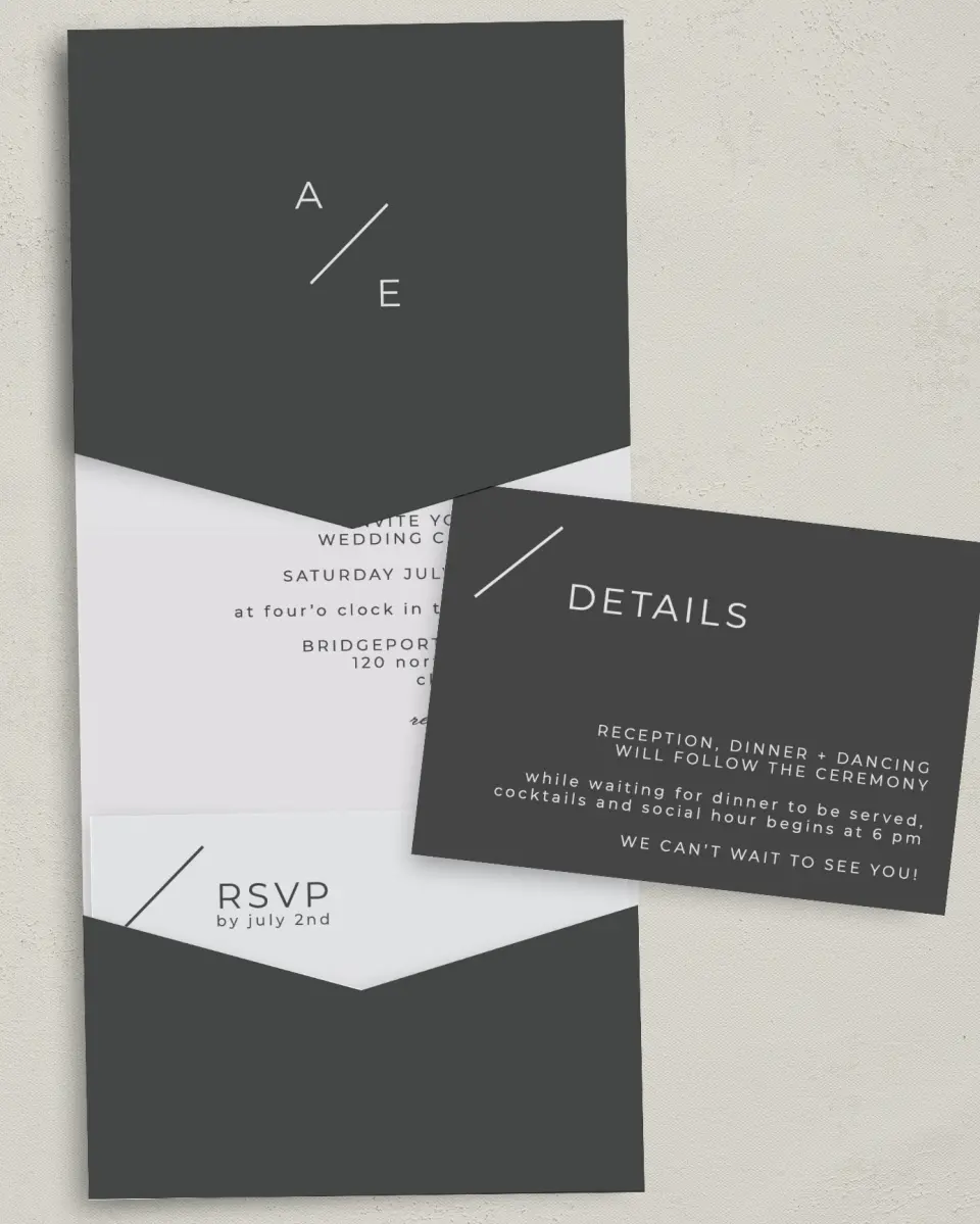 This is a 5¼" x 7¼" Folded Pocket Wedding Invitation called Initial Hush printed in full color with Gold foil on Luxe Satin (coated) paper