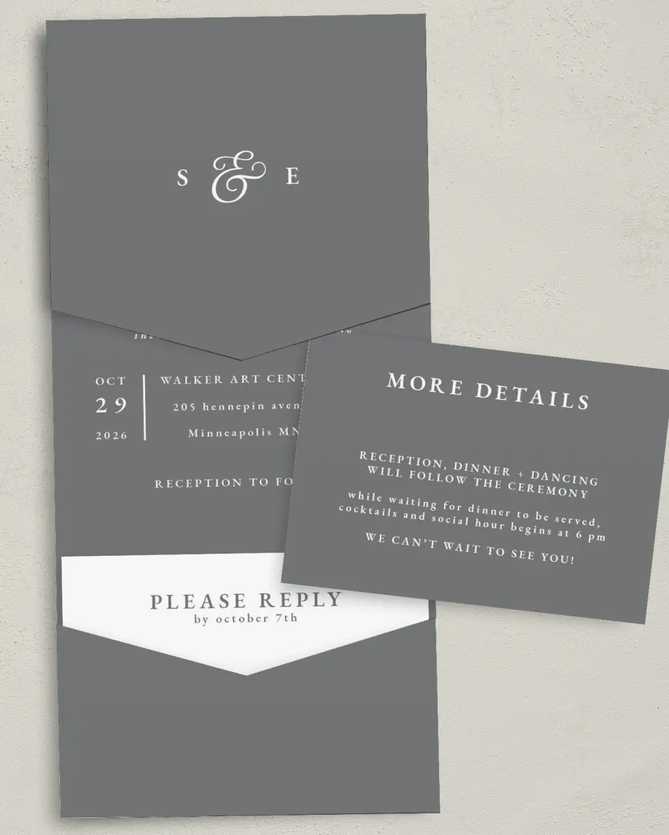 This is a 5¼" x 7¼" Folded Pocket Wedding Invitation called Heavenly Harmony printed in full color on Premium Smooth paper