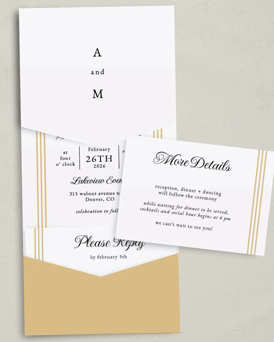 This is a 5¼" x 7¼" Folded Pocket Wedding Invitation called Charming Arch printed in full color with Gold foil on Luxe Satin (coated) paper