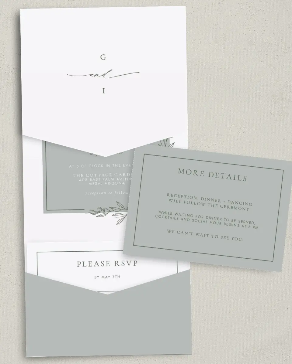 This is a 5¼" x 7¼" Folded Pocket Wedding Invitation called Sweet & Neat printed in full color with Gold foil on Luxe Satin (coated) paper