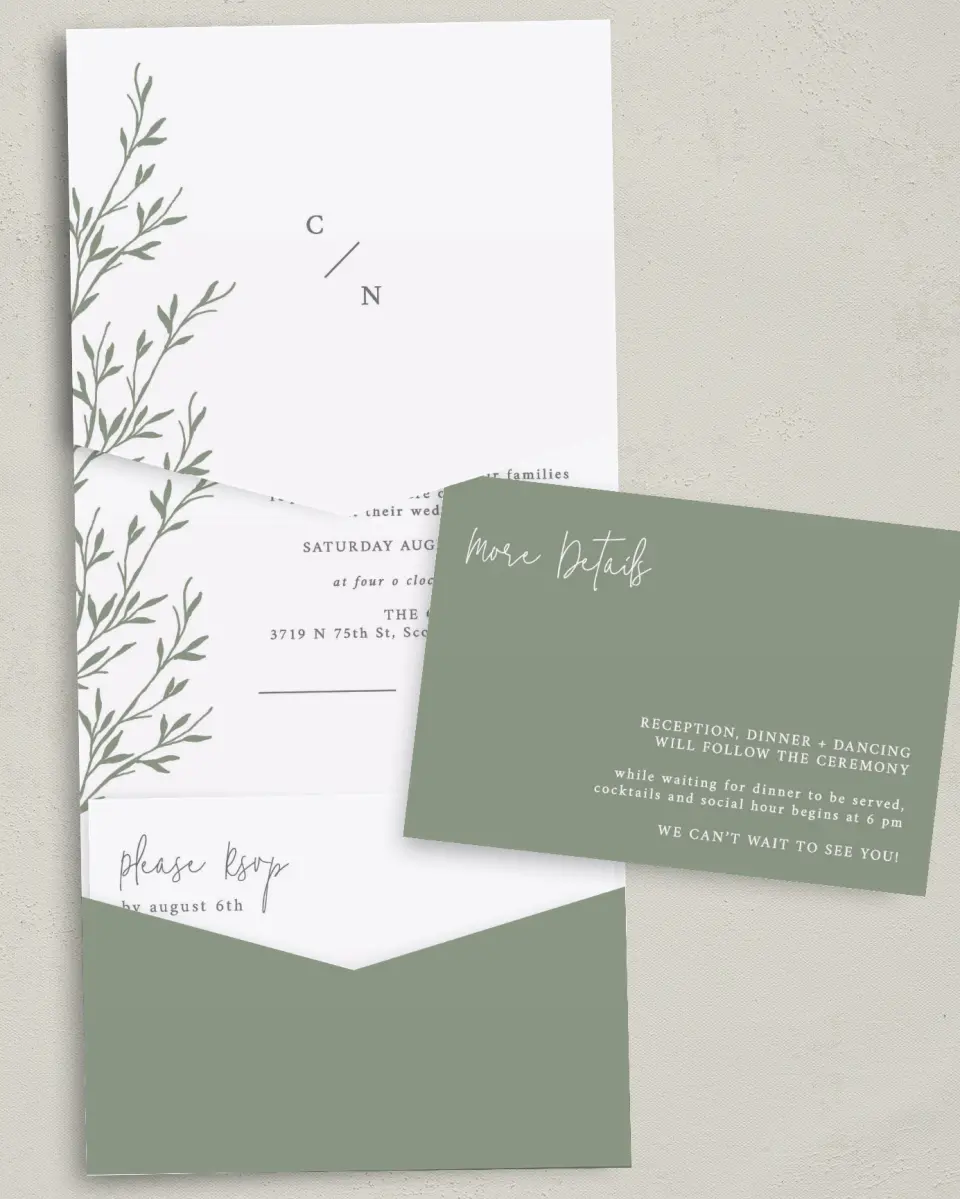 This is a 5¼" x 7¼" Folded Pocket Wedding Invitation called Bright Greens printed in full color with Gold foil on Luxe Satin (coated) paper