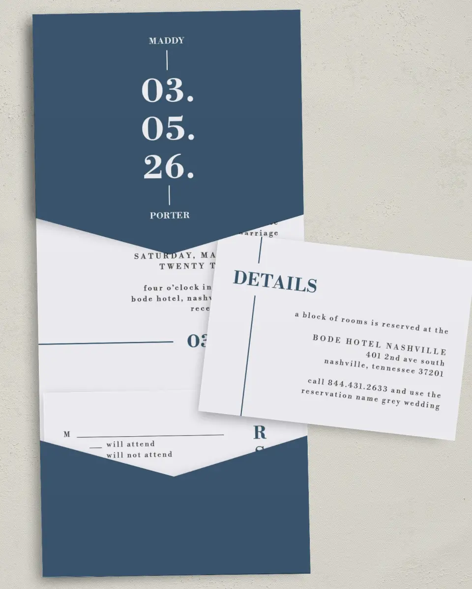 This is a 5¼" x 7¼" Folded Pocket Wedding Invitation called For Eternity printed in full color with Gold foil on Luxe Satin (coated) paper