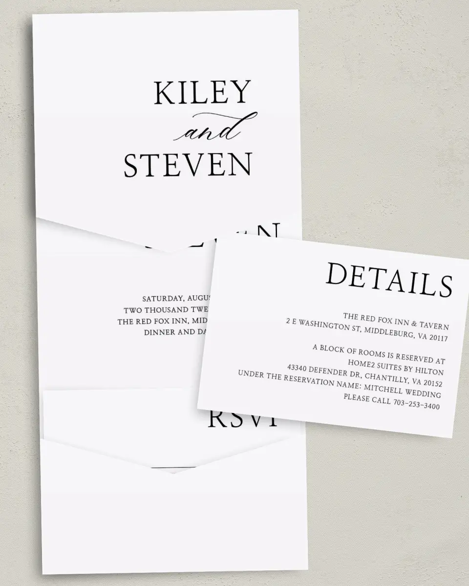 This is a 5¼" x 7¼" Folded Pocket Wedding Invitation called Bold Composition printed in full color with Gold foil on Luxe Satin (coated) paper