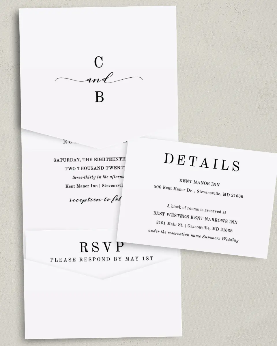This is a 5¼" x 7¼" Folded Pocket Wedding Invitation called Classy Type printed in full color with Gold foil on Luxe Satin (coated) paper