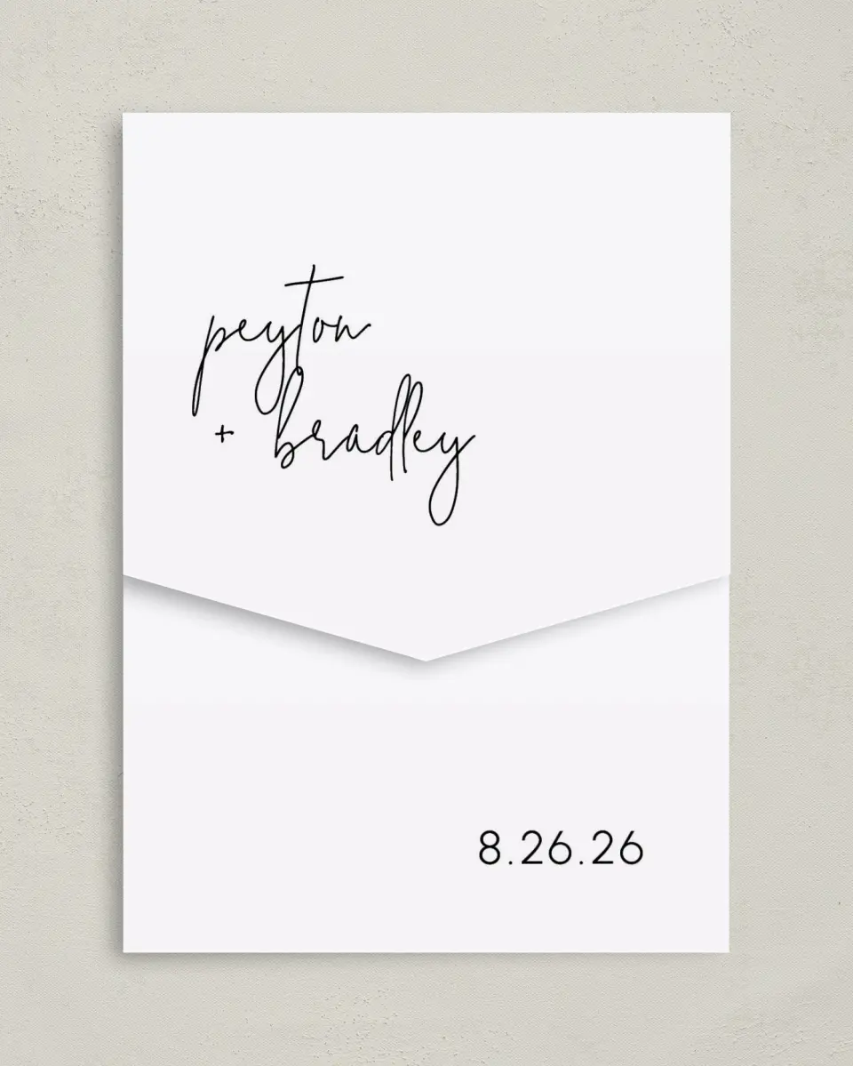 This is a 5¼" x 7¼" Folded Pocket Wedding Invitation called Mod Aesthetic printed in full color on Premium Smooth paper
