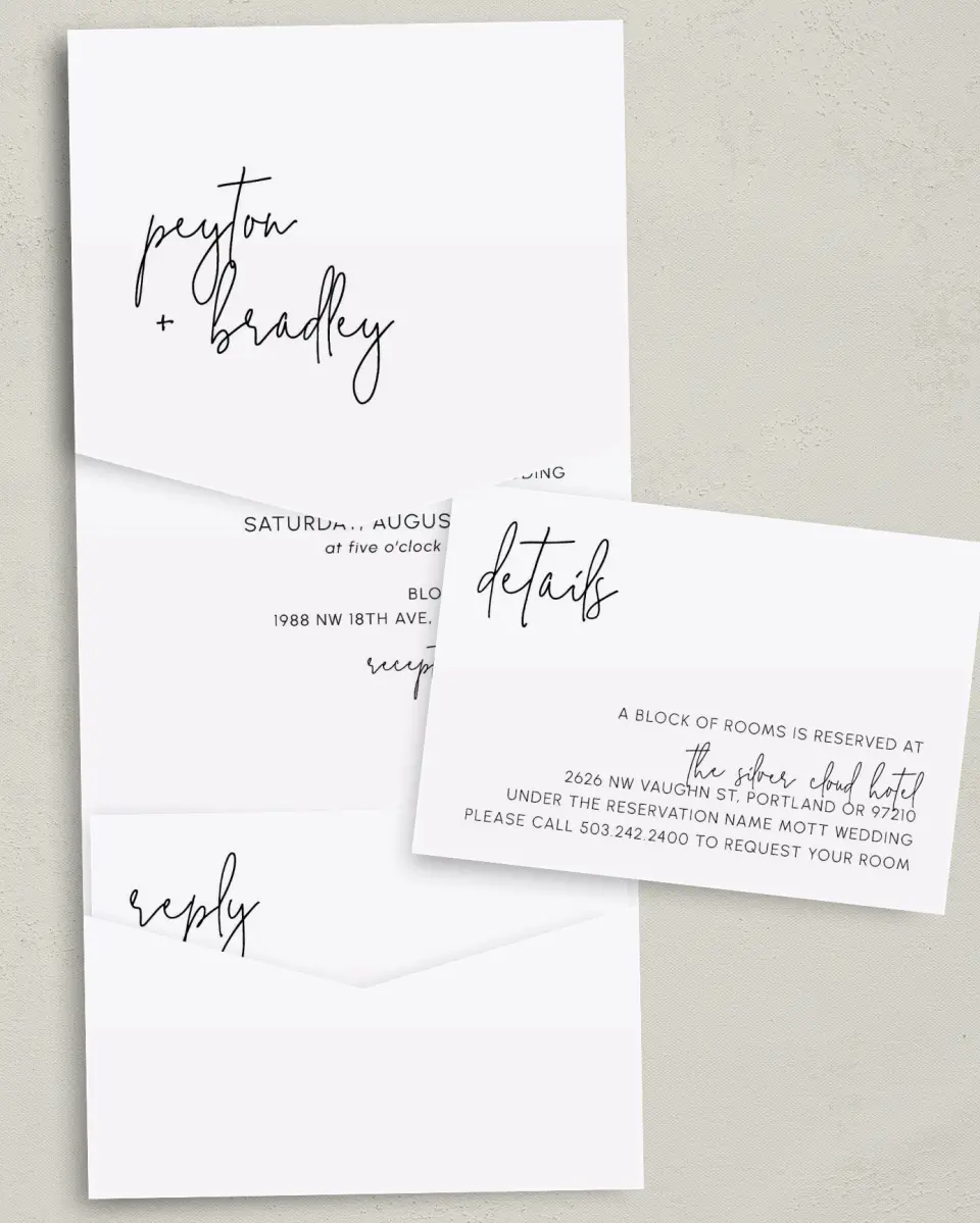 This is a 5¼" x 7¼" Folded Pocket Wedding Invitation called Mod Aesthetic printed in full color with Gold foil on Luxe Satin (coated) paper