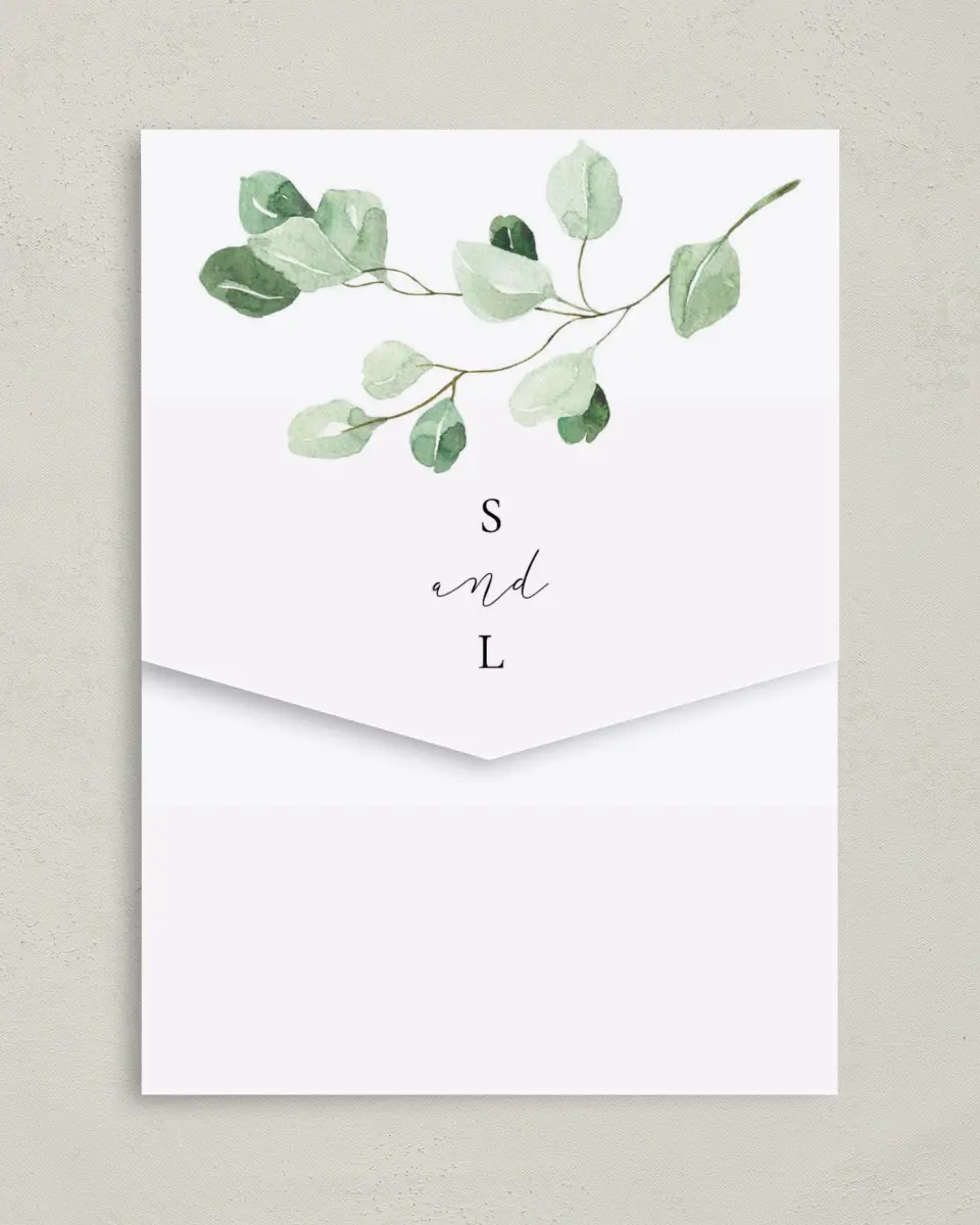 This is a 5¼" x 7¼" Folded Pocket Wedding Invitation called Sweet Greenery printed in full color on Premium Smooth paper