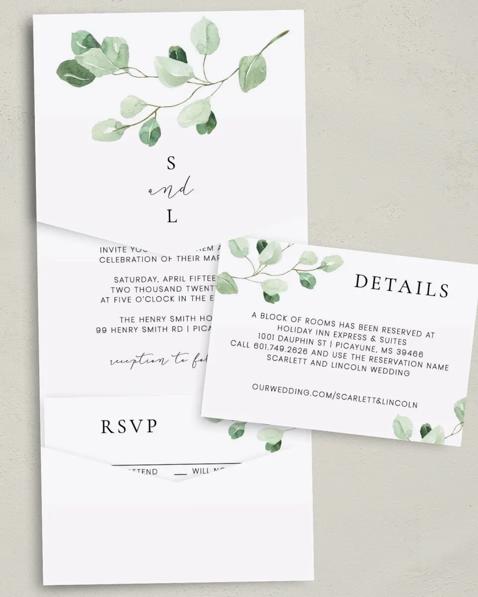 This is a 5¼" x 7¼" Folded Pocket Wedding Invitation called Sweet Greenery printed in full color with Gold foil on Luxe Satin (coated) paper