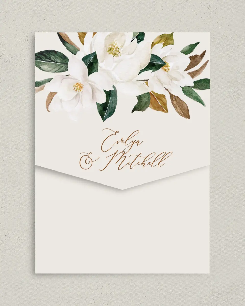 This is a 5¼" x 7¼" Folded Pocket Wedding Invitation called Soft Magnolia printed in full color on Premium Smooth paper