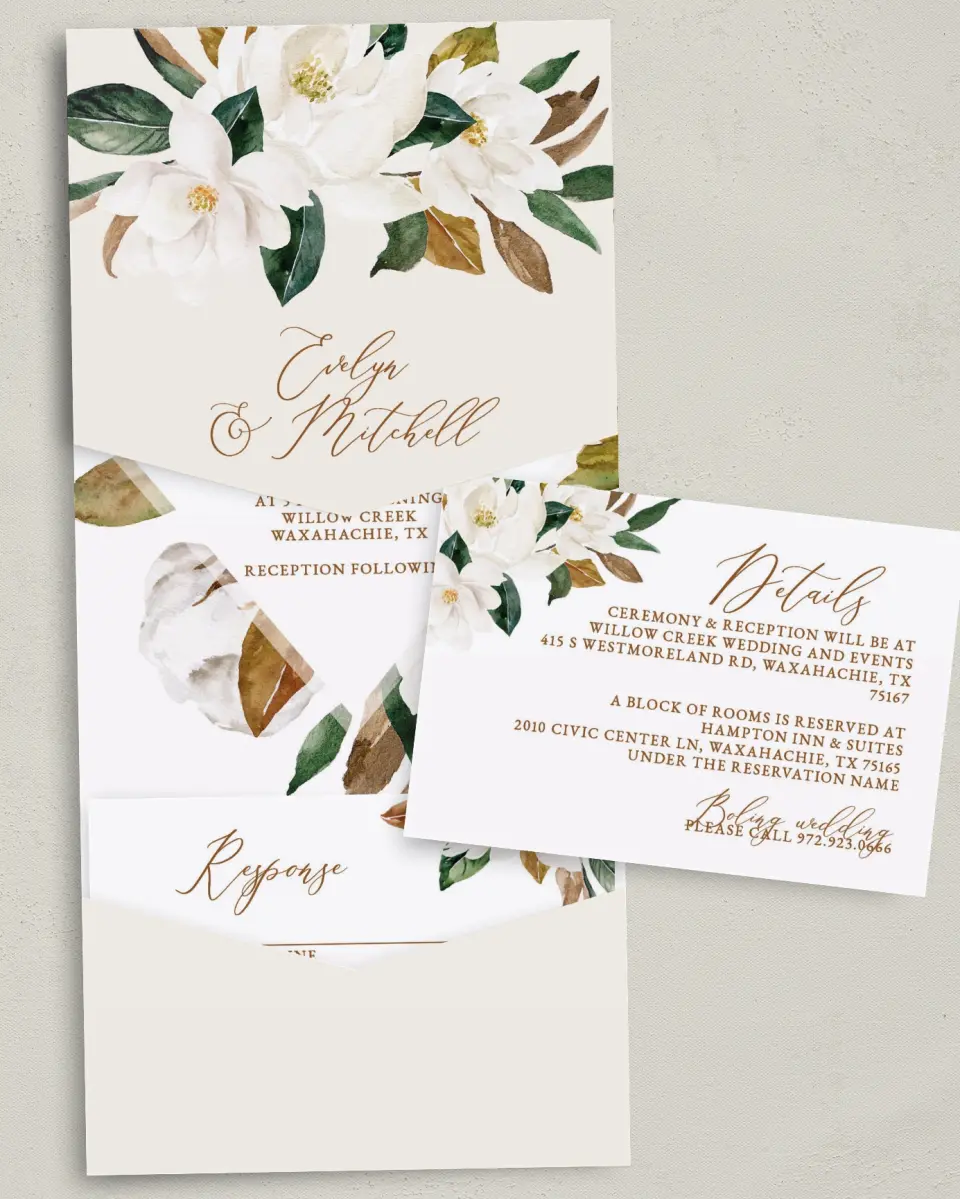 This is a 5¼" x 7¼" Folded Pocket Wedding Invitation called Soft Magnolia printed in full color with Gold foil on Luxe Satin (coated) paper