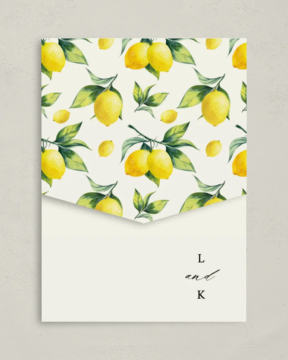 This is a 5¼" x 7¼" Folded Pocket Wedding Invitation called Antique Lemon printed in full color on Premium Smooth paper