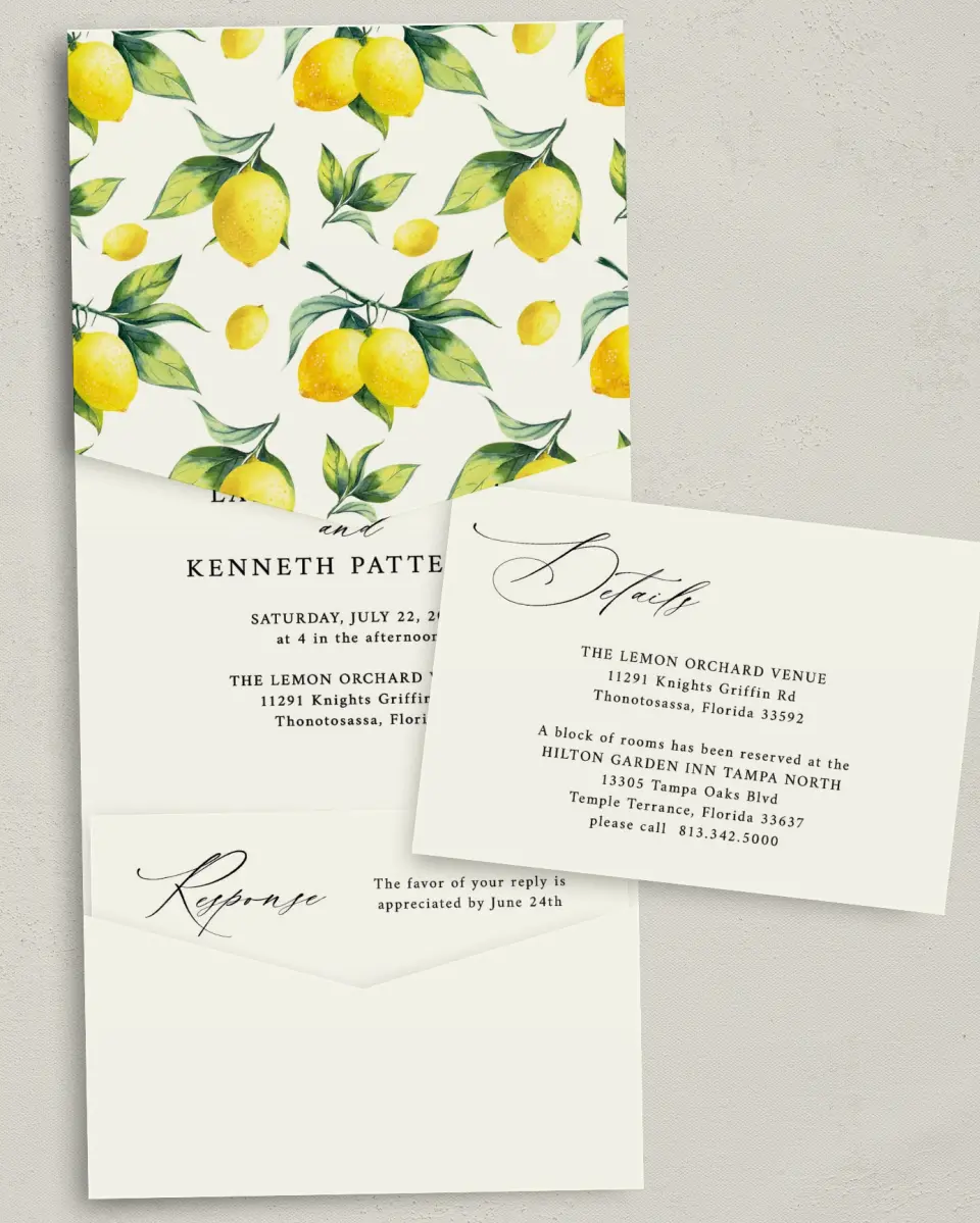 This is a 5¼" x 7¼" Folded Pocket Wedding Invitation called Antique Lemon printed in full color with Gold foil on Luxe Satin (coated) paper
