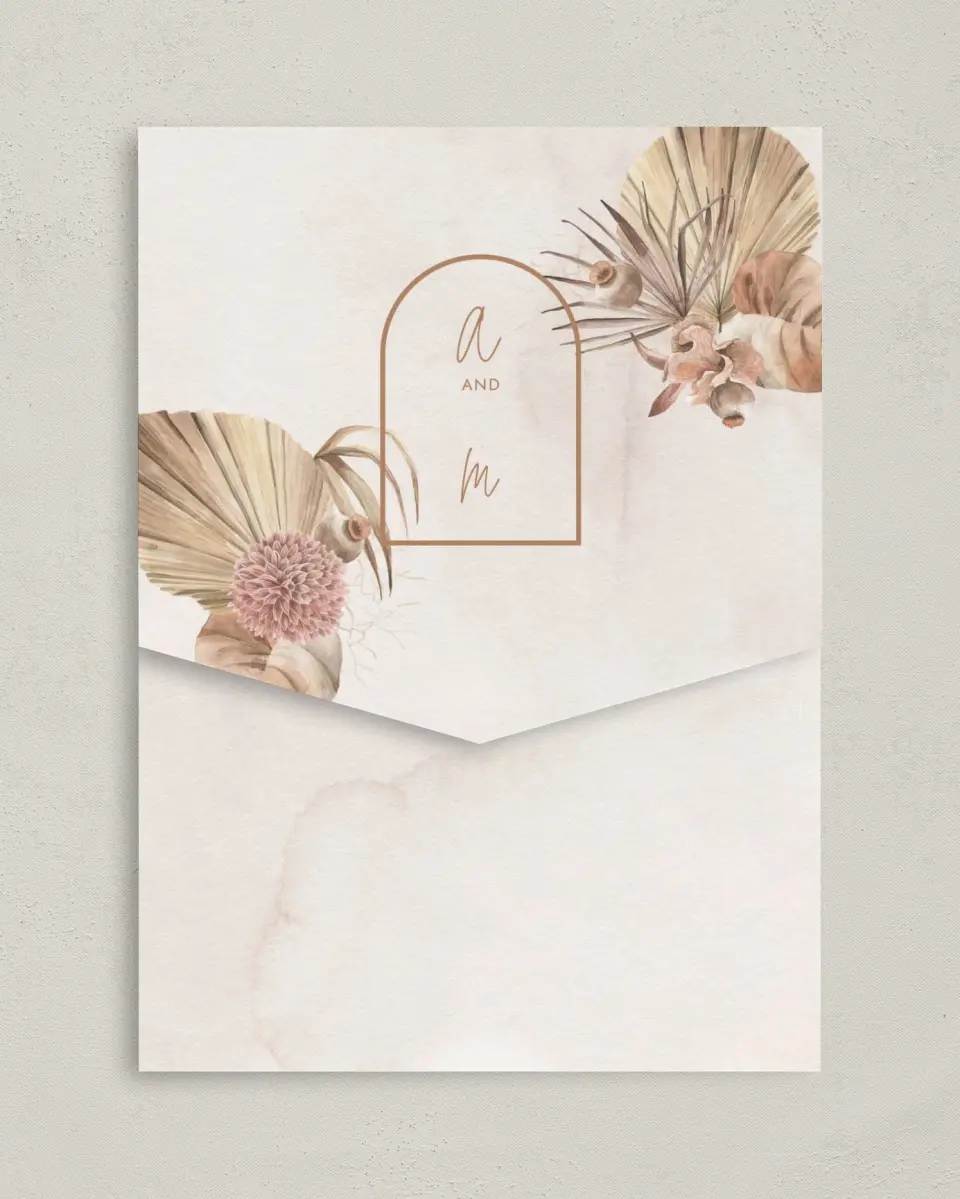 This is a 5¼" x 7¼" Folded Pocket Wedding Invitation called Boho Blooms printed in full color on Premium Smooth paper