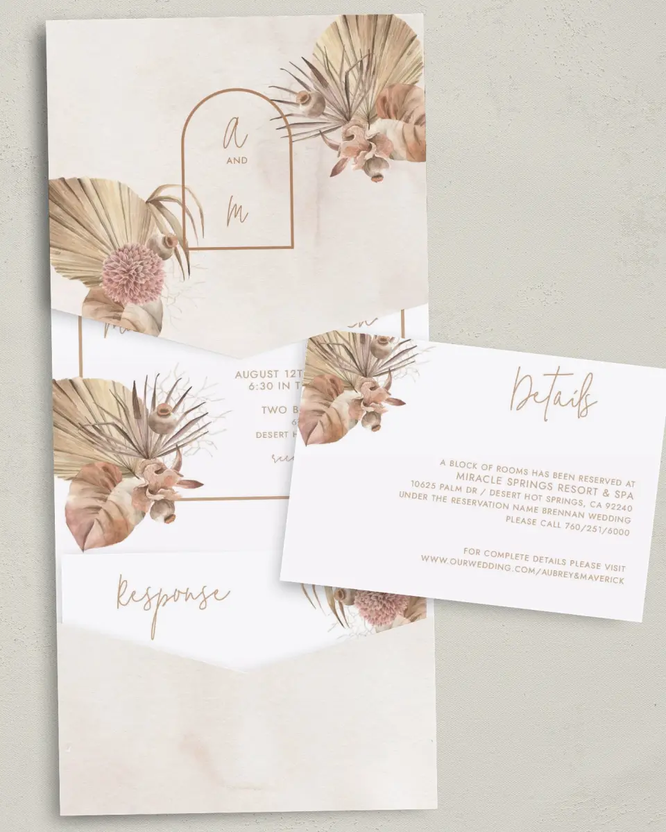 This is a 5¼" x 7¼" Folded Pocket Wedding Invitation called Boho Blooms printed in full color with Gold foil on Luxe Satin (coated) paper