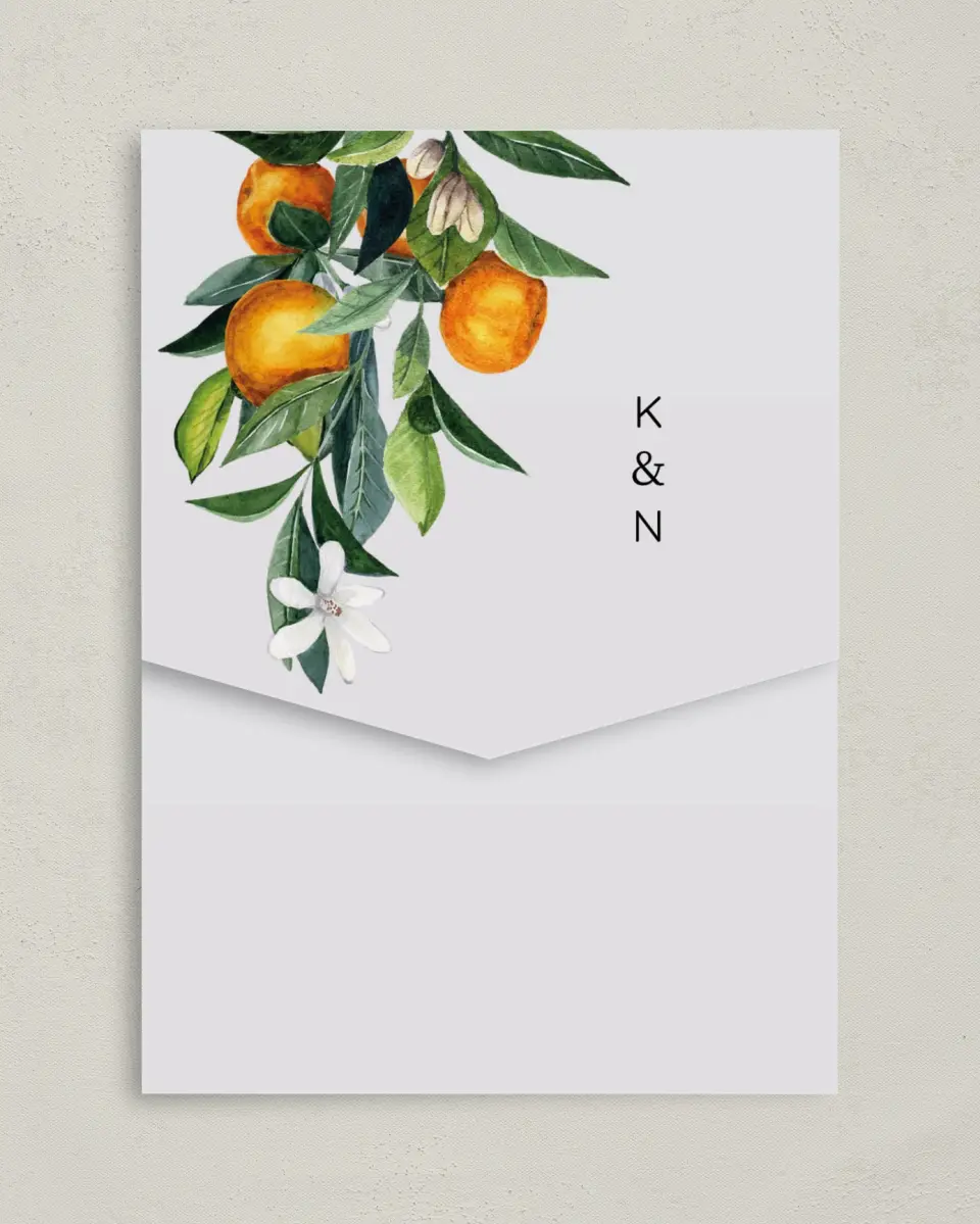 This is a 5¼" x 7¼" Folded Pocket Wedding Invitation called Mod Citrus printed in full color on Premium Smooth paper