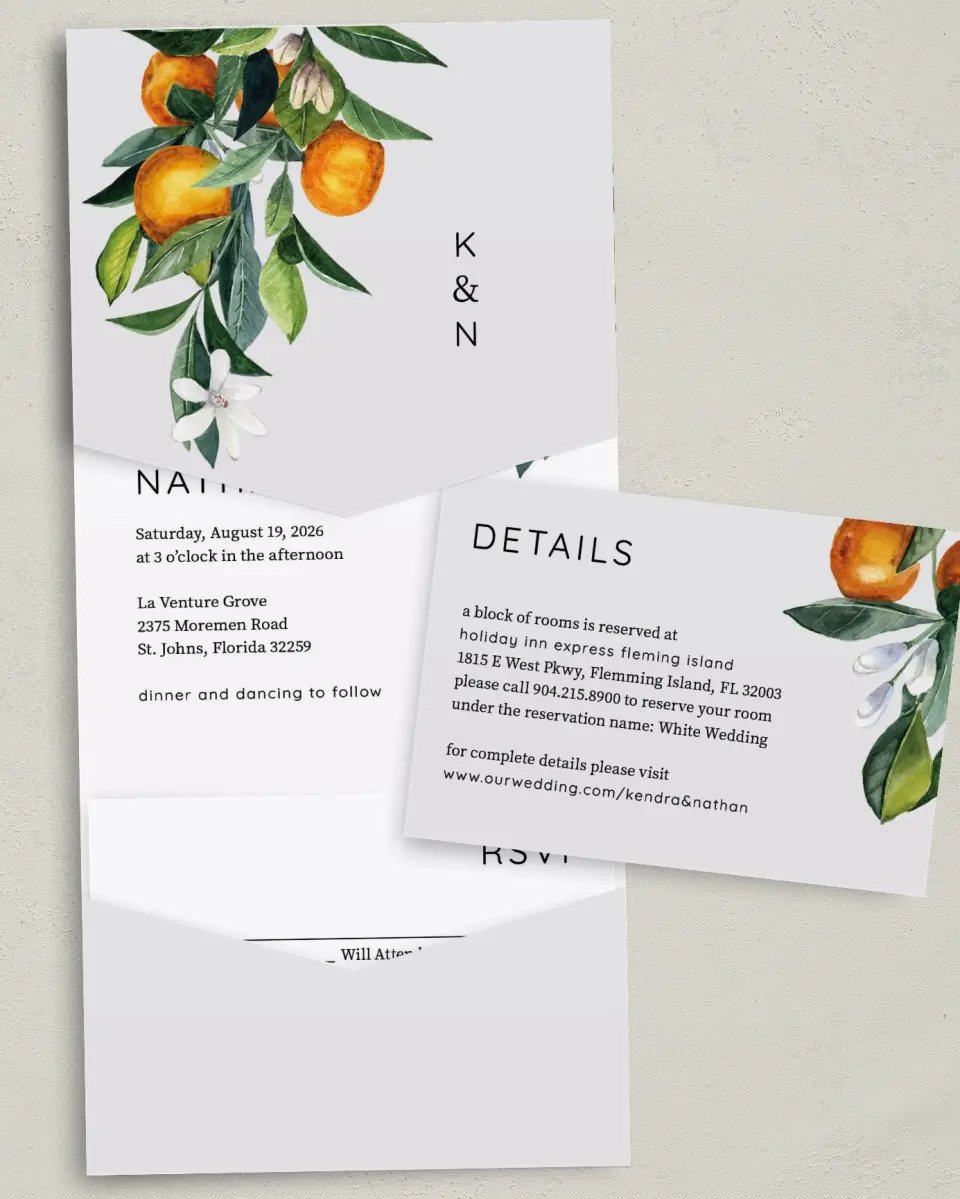 This is a 5¼" x 7¼" Folded Pocket Wedding Invitation called Mod Citrus printed in full color with Gold foil on Luxe Satin (coated) paper