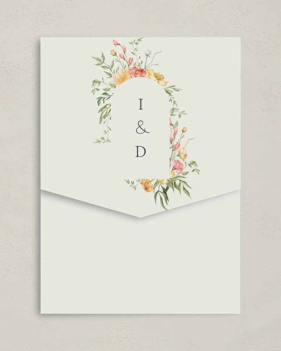 This is a 5¼" x 7¼" Folded Pocket Wedding Invitation called Secluded Blooms printed in full color on Premium Smooth paper