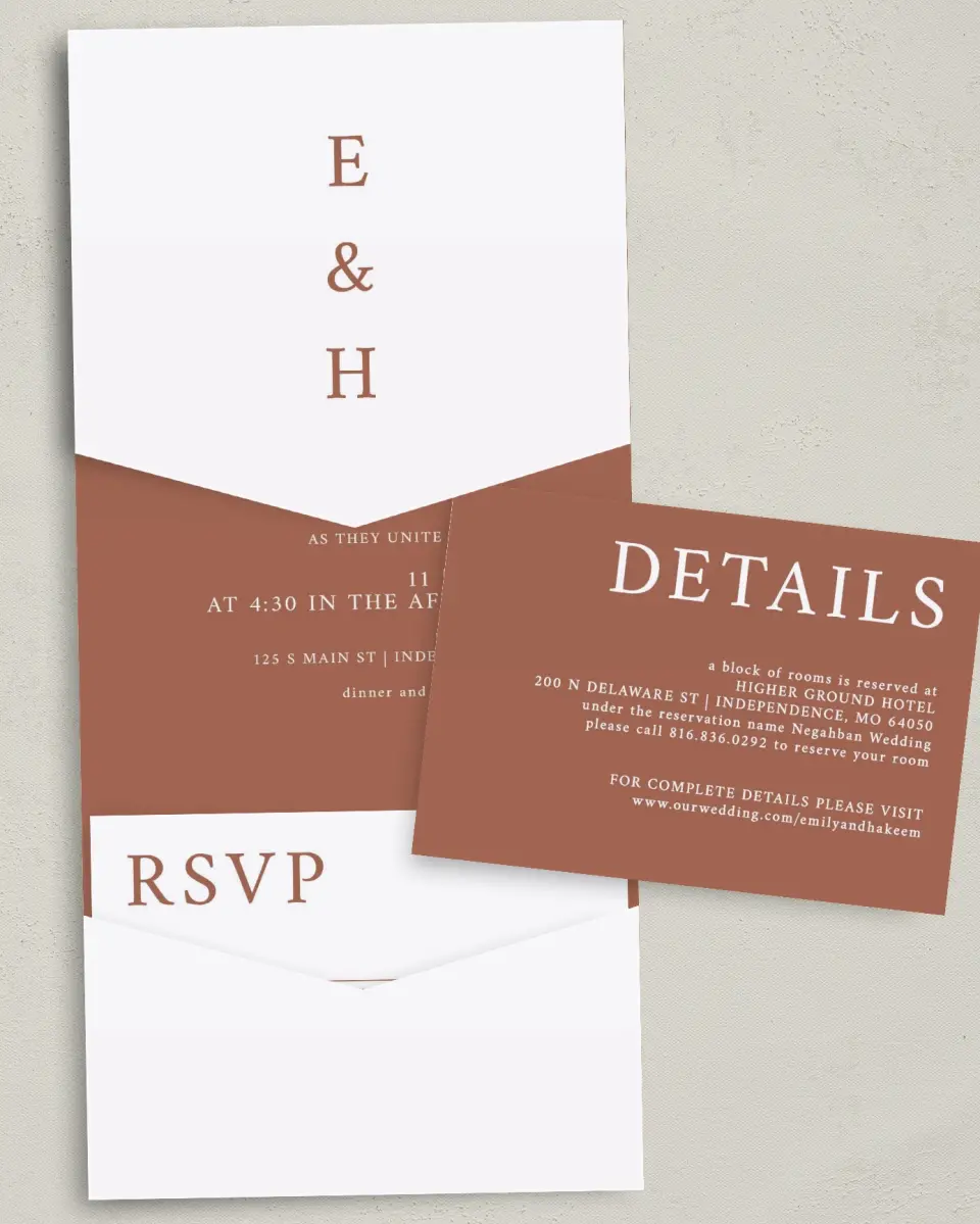 This is a 5¼" x 7¼" Folded Pocket Wedding Invitation called Timeless Truth printed in full color with Gold foil on Luxe Satin (coated) paper