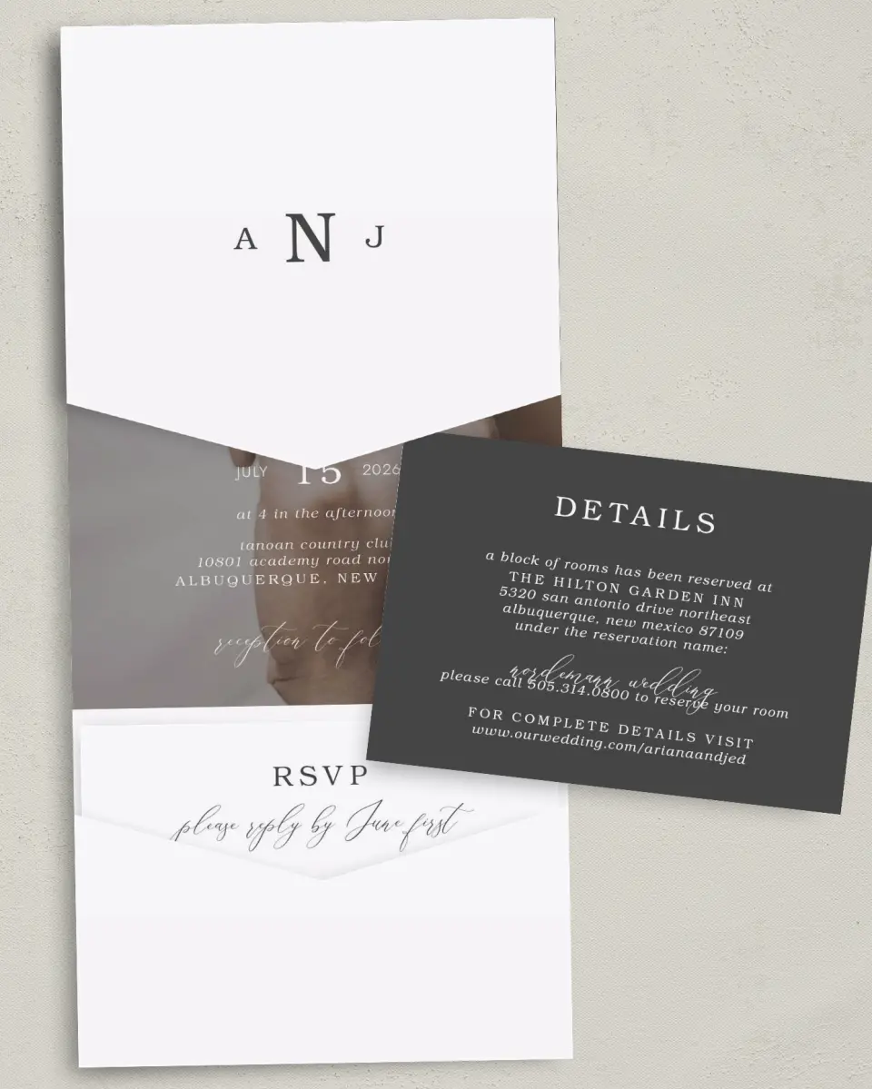 This is a 5¼" x 7¼" Folded Pocket Wedding Invitation called Flawless Photo printed in full color with Gold foil on Luxe Satin (coated) paper