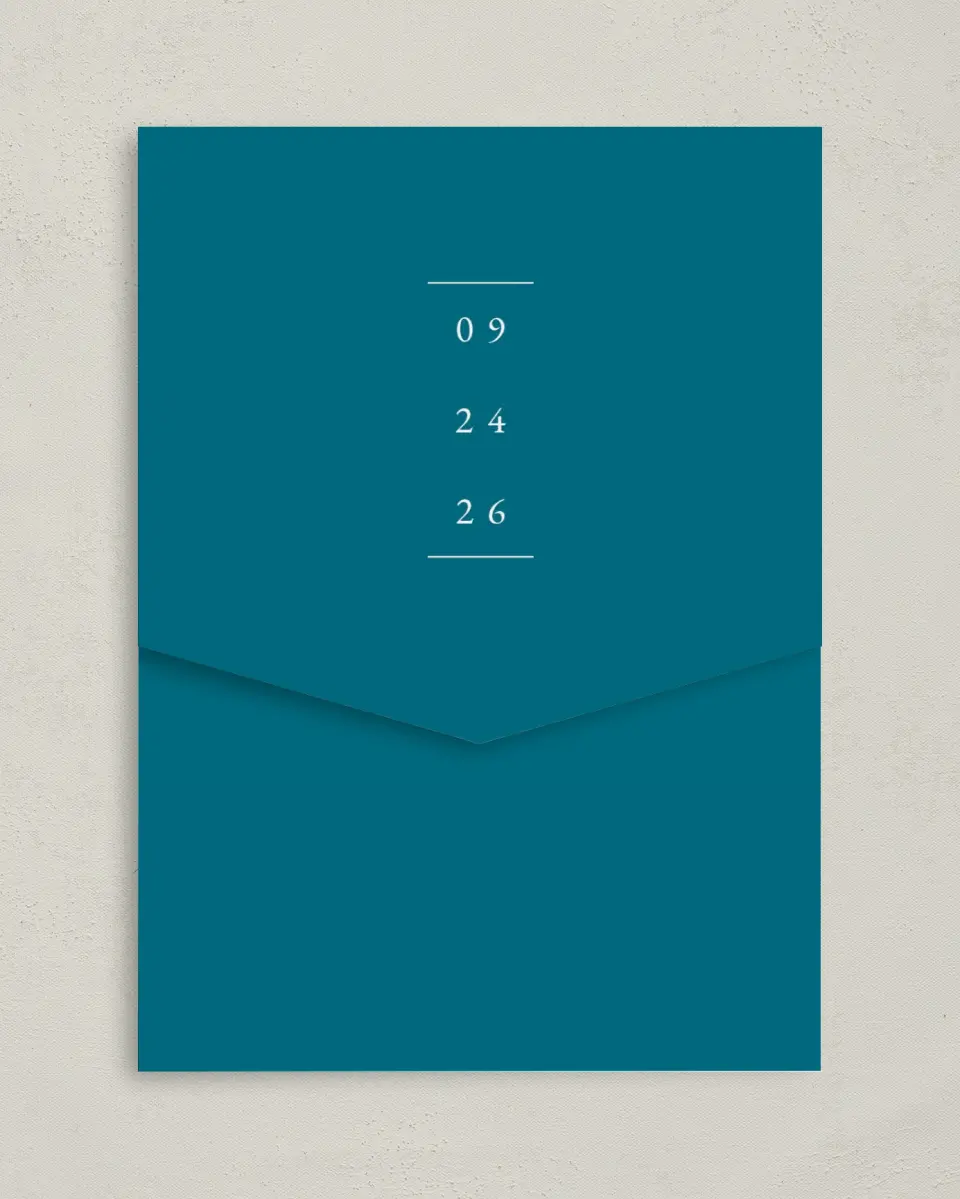 This is a 5¼" x 7¼" Folded Pocket Wedding Invitation called Shore Impression printed in full color on Premium Smooth paper
