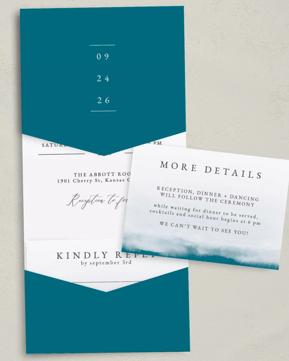 This is a 5¼" x 7¼" Folded Pocket Wedding Invitation called Shore Impression printed in full color with Gold foil on Luxe Satin (coated) paper