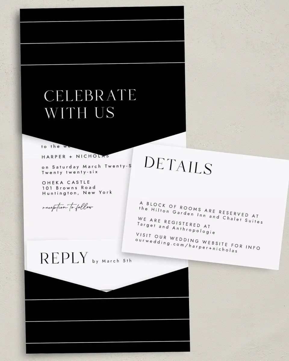 This is a 5¼" x 7¼" Folded Pocket Wedding Invitation called Spacious Idea printed in full color on Premium Smooth paper