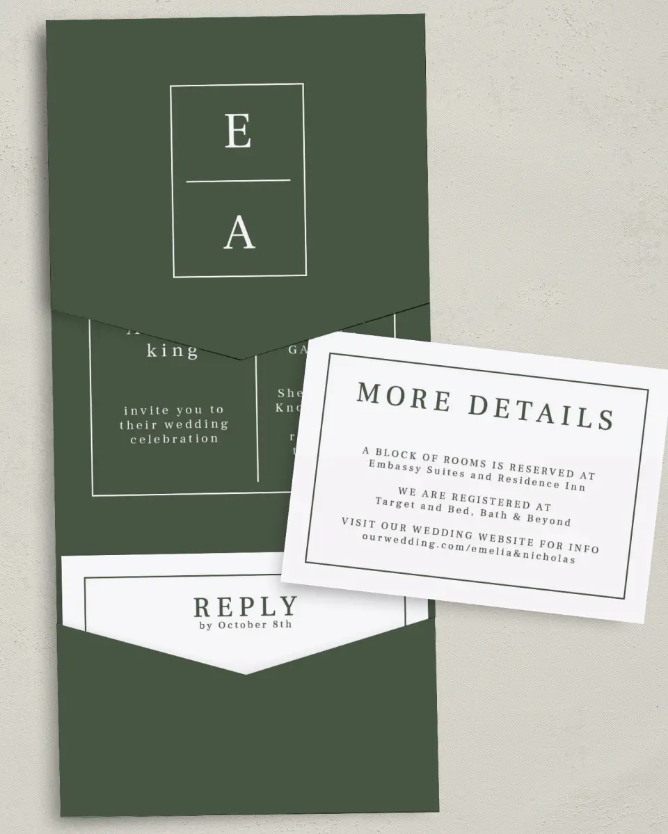 This is a 5¼" x 7¼" Folded Pocket Wedding Invitation called Magnificent Margin printed in full color with Gold foil on Luxe Satin (coated) paper