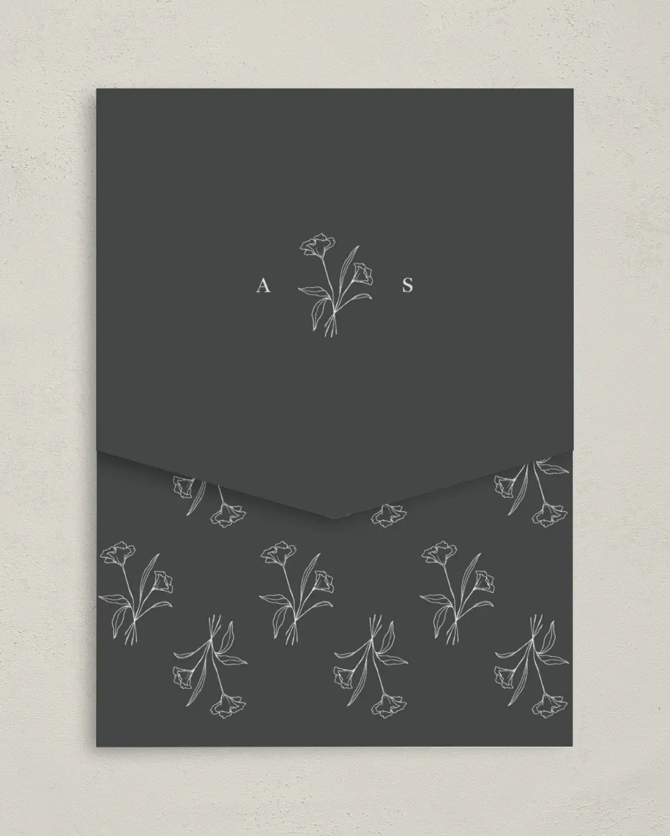 This is a 5¼" x 7¼" Folded Pocket Wedding Invitation called Monogram Bloom printed in full color on Premium Smooth paper