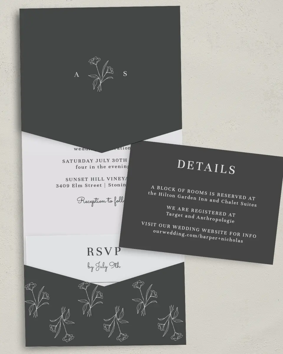 This is a 5¼" x 7¼" Folded Pocket Wedding Invitation called Monogram Bloom printed in full color with Gold foil on Luxe Satin (coated) paper