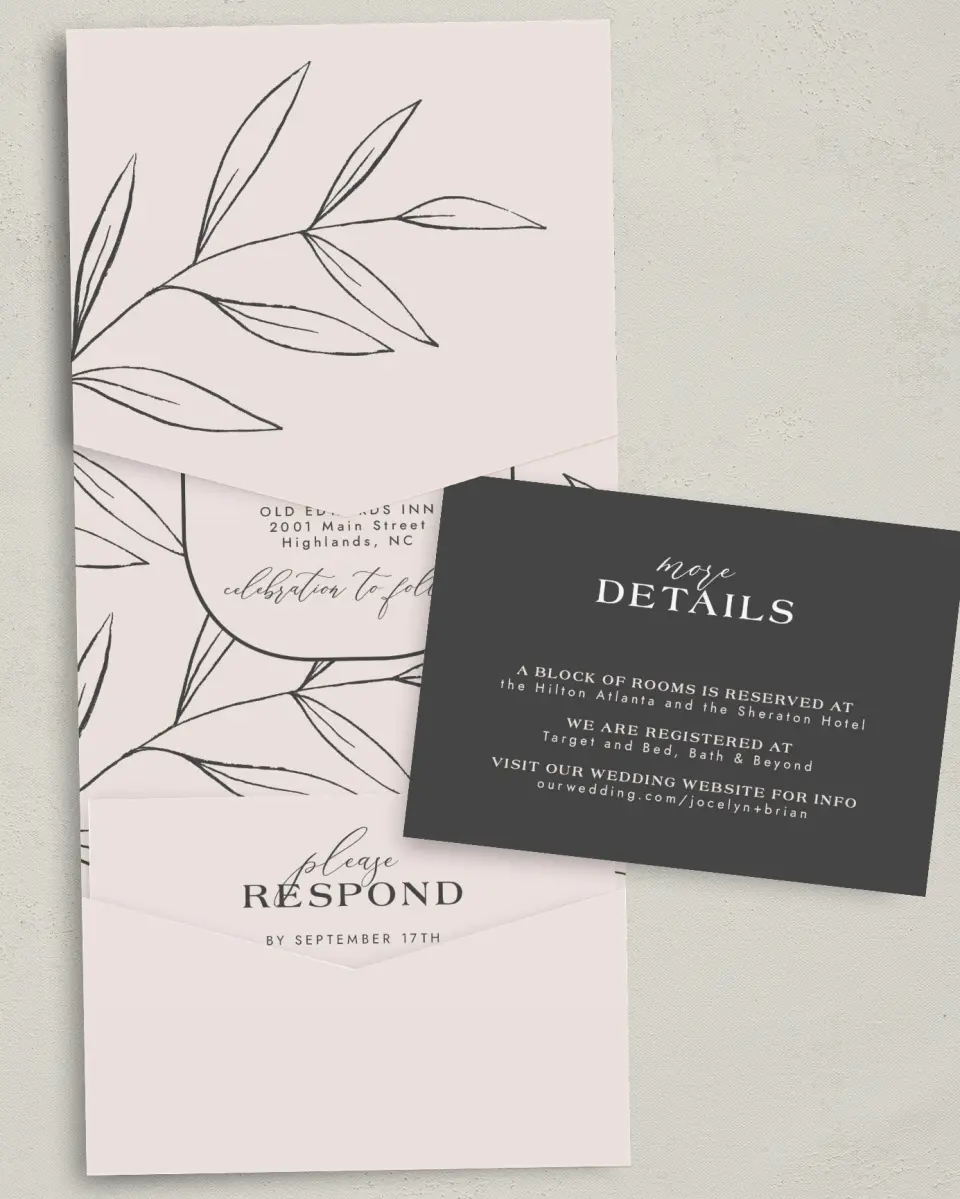 This is a 5¼" x 7¼" Folded Pocket Wedding Invitation called Dazzling Moment printed in full color with Gold foil on Luxe Satin (coated) paper