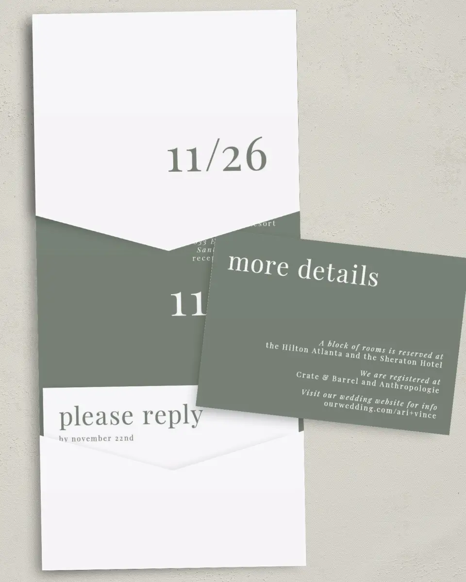 This is a 5¼" x 7¼" Folded Pocket Wedding Invitation called Darling Digest printed in full color with Gold foil on Luxe Satin (coated) paper