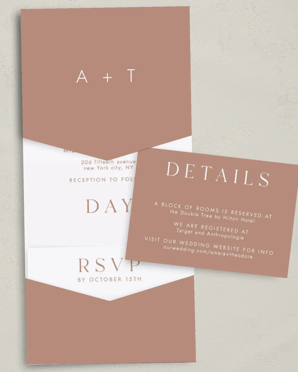 This is a 5¼" x 7¼" Folded Pocket Wedding Invitation called Stacked Pair printed in full color with Gold foil on Luxe Satin (coated) paper