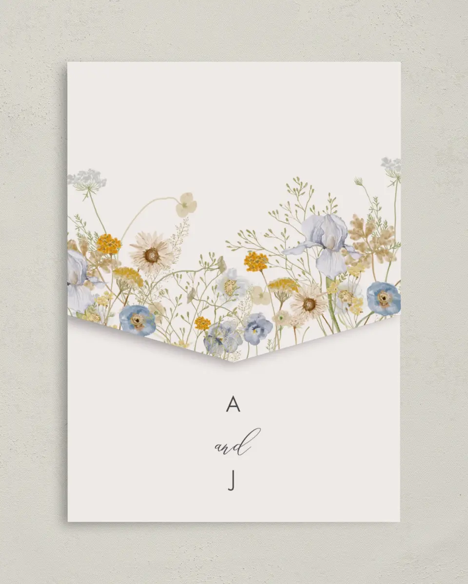 This is a 5¼" x 7¼" Folded Pocket Wedding Invitation called Tender Blooms printed in full color on Premium Smooth paper