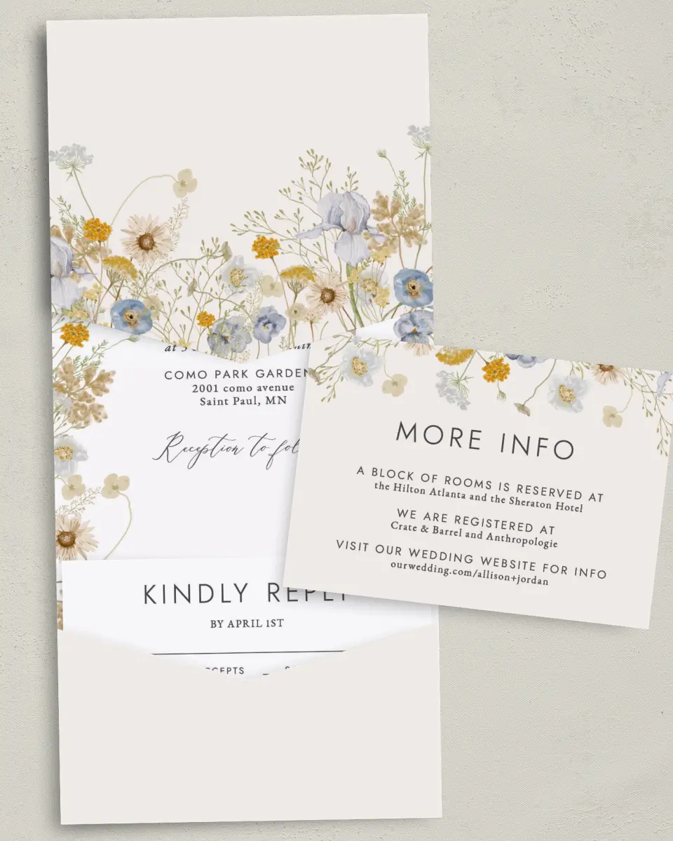 This is a 5¼" x 7¼" Folded Pocket Wedding Invitation called Tender Blooms printed in full color with Gold foil on Luxe Satin (coated) paper