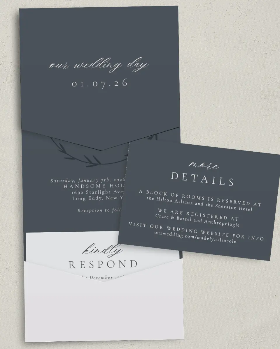This is a 5¼" x 7¼" Folded Pocket Wedding Invitation called Subtle Wreath printed in full color with Gold foil on Luxe Satin (coated) paper