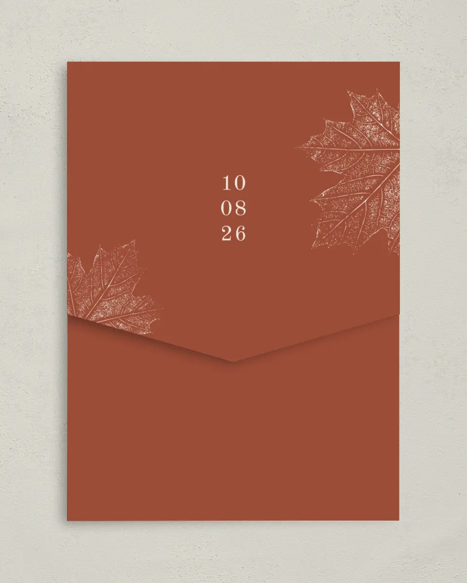 This is a 5¼" x 7¼" Folded Pocket Wedding Invitation called Turning Leaves printed in full color on Premium Smooth paper