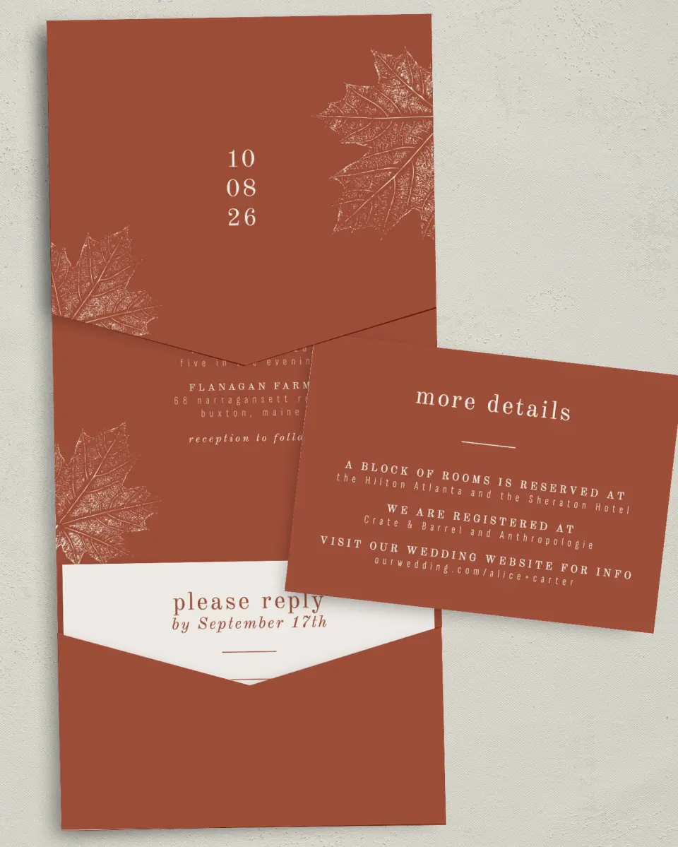 This is a 5¼" x 7¼" Folded Pocket Wedding Invitation called Turning Leaves printed in full color with Gold foil on Luxe Satin (coated) paper