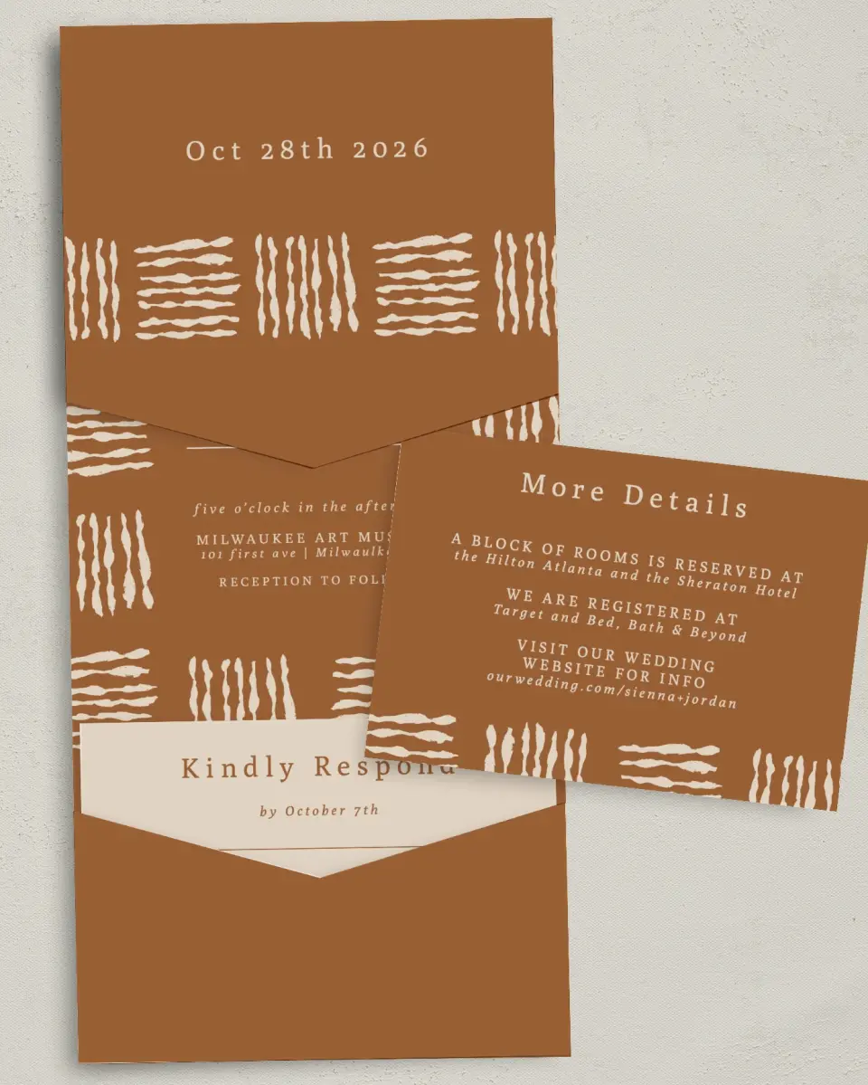 This is a 5¼" x 7¼" Folded Pocket Wedding Invitation called Threads of Love printed in full color with Gold foil on Luxe Satin (coated) paper